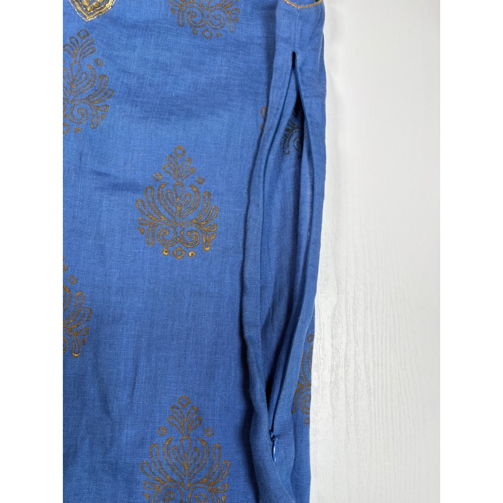 Soft Surroundings Blue Linen Gold Sequin Block Print Shift Dress L Coastal Boho - Picture 8 of 10